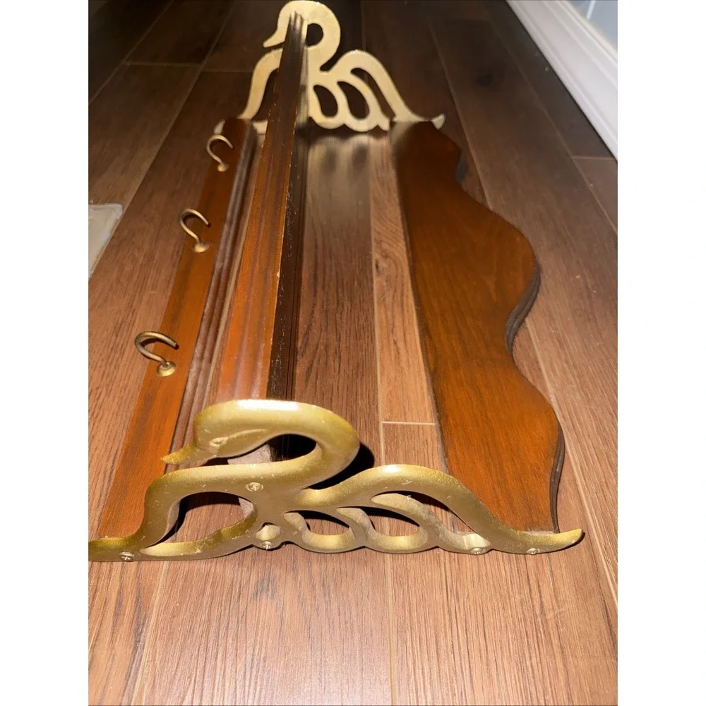 Antique MCM Brass Wood Swan Wall Mount Shelf Coat Rack 3 Hook Rare Style 21